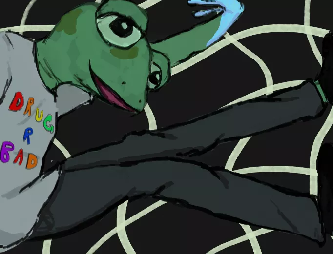 My frogsona! A green frog humanoid wearing a gray 'Drugs R bad' shirt and black jeans. The letters on the shirt are rainbow patterned. The frog is positioned as if he is shoved inside a small box.